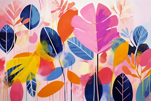 vibrant abstract painting featuring stylized floral elements in a rich palette of pink, blue, and yellow tones.