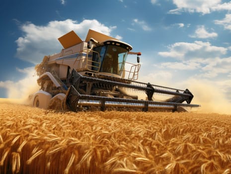 A combine methodically harvests wheat in a field, gathering the ripe grain efficiently.