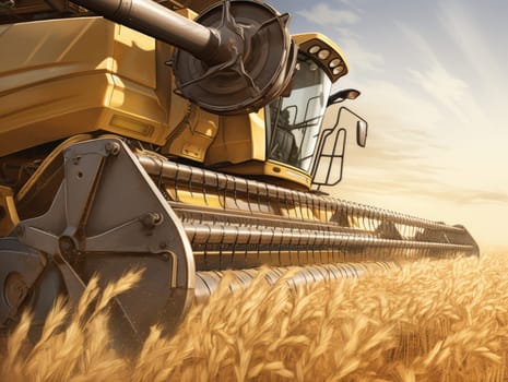 A massive yellow combine machine efficiently harvesting wheat in a vast field under the bright sun.