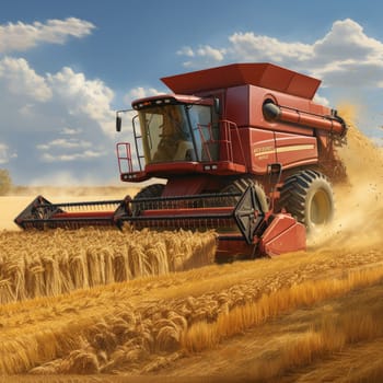 A large red combine is actively harvesting wheat in the middle of a vast field.