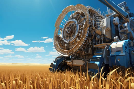 A photo capturing a large machine, known as a combine, actively harvesting wheat in the middle of a vast field.