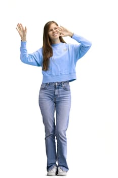 A woman, full-length, on a white background, waving her arms.