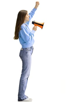 A woman, full-length, on a white background, with a megaphone.