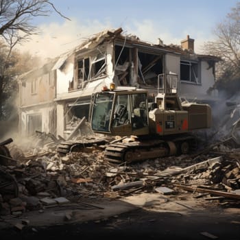 A bulldozer efficiently excavating debris from a house that has been demolished.