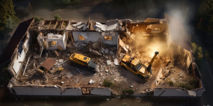 An overhead shot capturing the aftermath of a house demolition, showcasing the wreckage of the destroyed building.