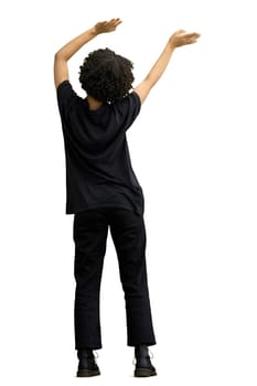 A woman, full-length, on a white background, waving her arms.