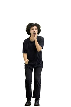 A woman, full-length, on a white background, screams.