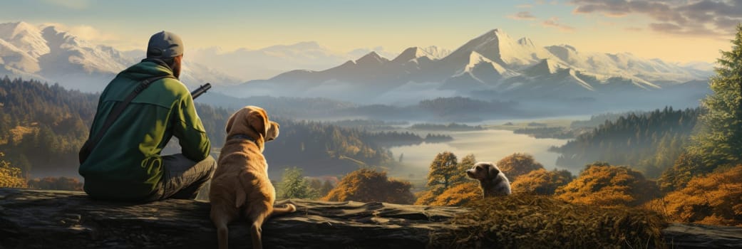 A man sits on top of a mountain, accompanied by his loyal dog.