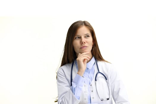 Female doctor, close-up, on a white background, thinking.