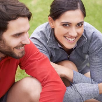 Sports, friends and portrait of people in field ready for practice, playing game and match outdoors. Happy, fitness and man and woman on grass for training, exercise and workout together for wellness.