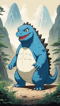 Anime scene with godzilla king of monsters in the jungle - illustration for children. AI Generated.
