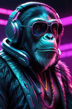 Futuristic gorilla with headphones listening to podcast. 3D rendering. AI Generated.