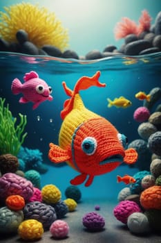 Colorful embroidery clothes fish in aquarium. Underwater world fishes scene. 3d illustration. AI Generated.