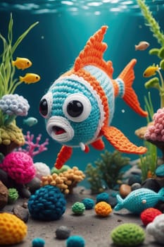 Cute handmade embroidery dress crocheted fish in underwater sea. AI Generated.