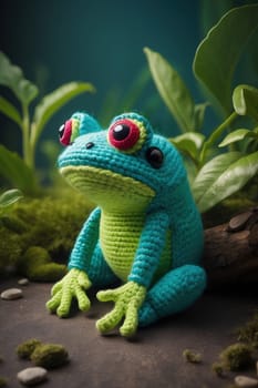 Frog made of stitched embroidery wool on the background of green moss and plants. AI Generated.