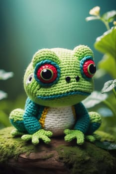 Knitted crochet frog on mossy piece of wood in garden. AI Generated.