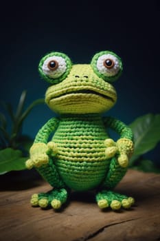 Knit dress toy frog sitting on wooden table with green leaves on dark background. AI Generated.