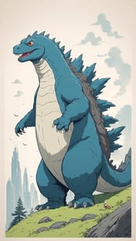 Anime godzilla on the background of the city. Cartoonish gojira vector illustration. AI Generated.