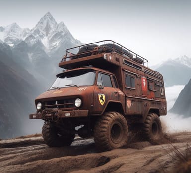 rusty dirt offroad 4x4 lifted vintage custom camper conversion jeep overlanding in mountain roads, nomadic lifestyle, adventure living, ai generated