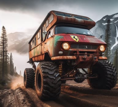 rusty dirt offroad 4x4 lifted vintage custom camper conversion jeep overlanding in mountain roads, nomadic lifestyle, adventure living, ai generated