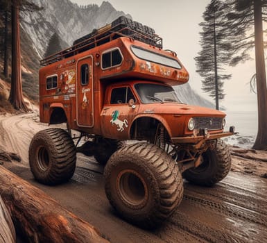 rusty dirt offroad 4x4 lifted vintage custom camper conversion jeep overlanding in mountain roads, nomadic lifestyle, adventure living, ai generated