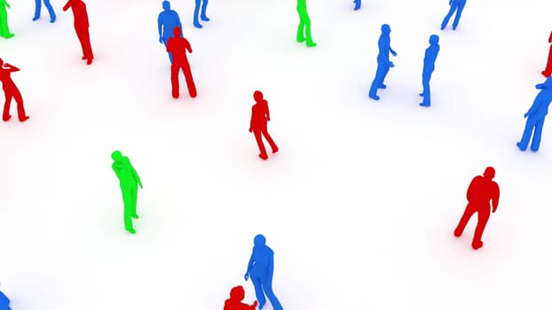 Colored silhouettes of people stand on white back 3d render