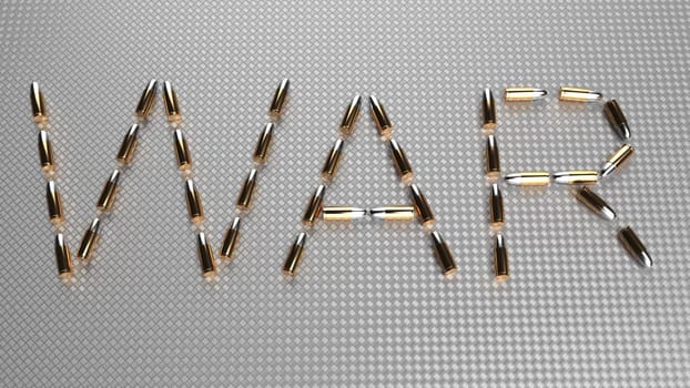 Bullets are laid out in the word WAR on an iron surface 3d render