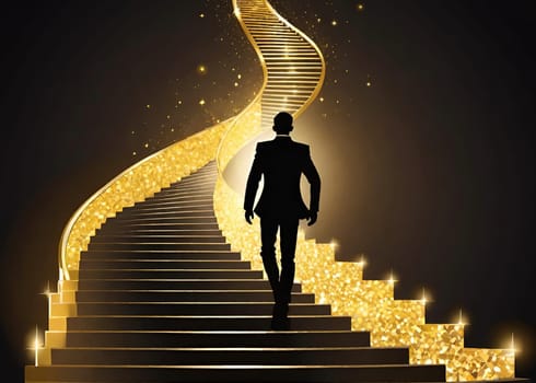 Vector illustration of a businessman climbing a golden stairs on a dark background. Business concept.