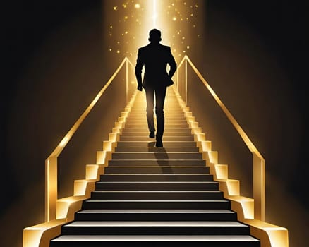 Vector illustration of a businessman climbing a golden stairs on a dark background. Business concept.