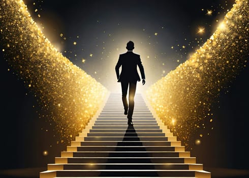 Vector illustration of a businessman climbing a golden stairs on a dark background. Business concept.