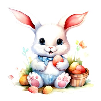 Illustration of the Easter bunny sitting in a clearing with Easter eggs. AI generated