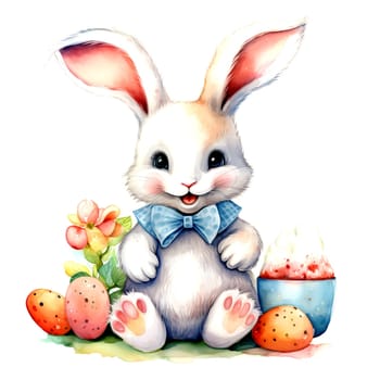 Illustration of the Easter bunny sitting in a clearing with Easter eggs. AI generated