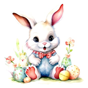 Illustration of the Easter bunny sitting in a clearing with Easter eggs. AI generated