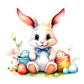 Illustration of the Easter bunny sitting in a clearing with Easter eggs. AI generated