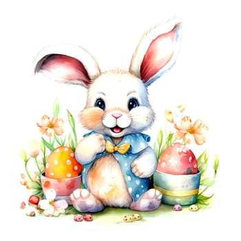 Illustration of the Easter bunny sitting in a clearing with Easter eggs. AI generated