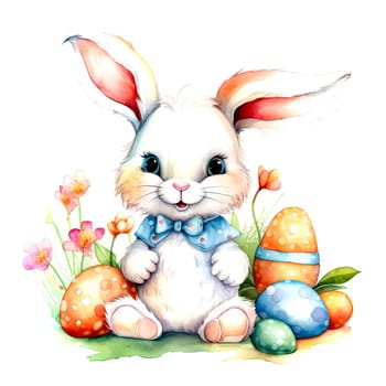 Illustration of the Easter bunny sitting in a clearing with Easter eggs. AI generated