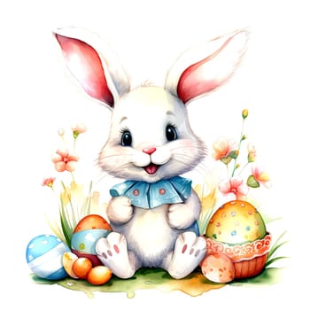 Illustration of the Easter bunny sitting in a clearing with Easter eggs. AI generated