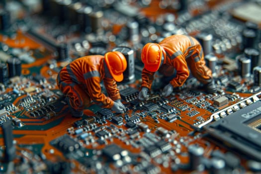 Miniature model, Miniature engineer cleaners working together on a circuit board, Computer repair.