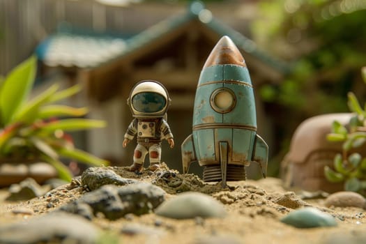 Miniature astronaut background, Miniature astronaut dolls exploring a sandpile in front of a house.