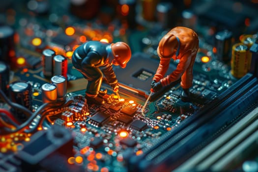 Miniature model, Miniature engineer cleaners working together on a circuit board, Computer repair.