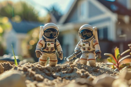 Miniature astronaut background, Miniature astronaut dolls exploring a sandpile in front of a house.