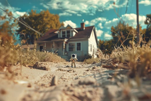 Miniature astronaut background, Miniature astronaut dolls exploring a sandpile in front of a house.