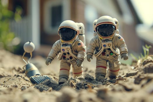 Miniature astronaut background, Miniature astronaut dolls exploring a sandpile in front of a house.