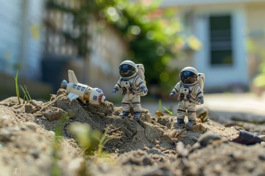 Miniature astronaut background, Miniature astronaut dolls exploring a sandpile in front of a house.