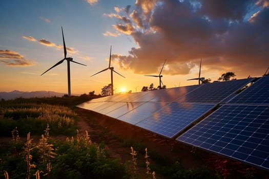 Wind turbines and solar panels in the field at summer sunset. Neural network generated in January 2024. Not based on any actual scene or pattern.