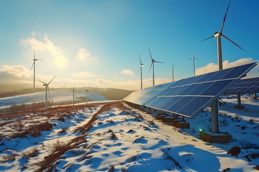 Wind turbines and solar panels in the field at winter sunset. Neural network generated in January 2024. Not based on any actual scene or pattern.