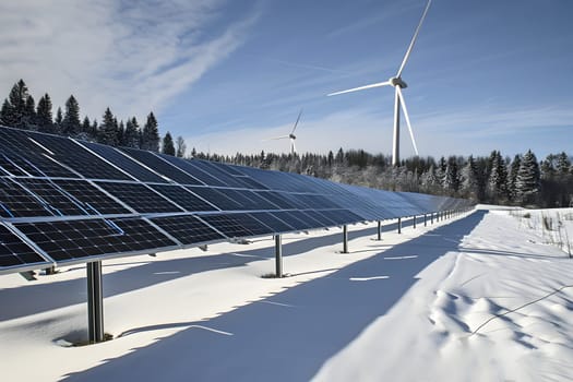 Wind turbines and solar panels in the field at sunny winter day. Neural network generated in January 2024. Not based on any actual scene or pattern.