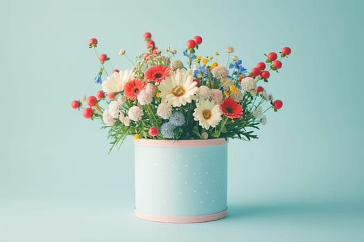 An image of a bouquet of beautiful flowers in a container. The concept of spring, summer, beauty in nature. AI generated.