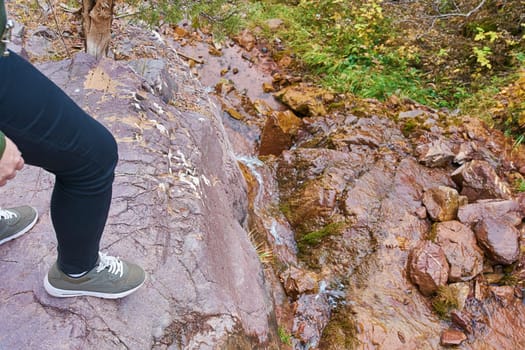 Female hiker walking in mountains forest. The woman found a beautiful stream in the mountains in the forest.
