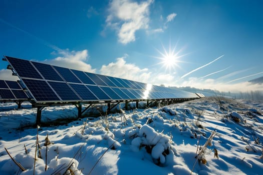 Photovoltaic solar panels in the field at sunny winter day. Neural network generated in January 2024. Not based on any actual scene or pattern.